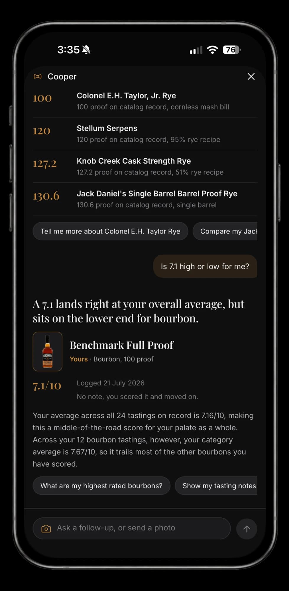 Cooper comparing a 7.1 tasting score for Benchmark Full Proof against the user's bourbon and overall averages