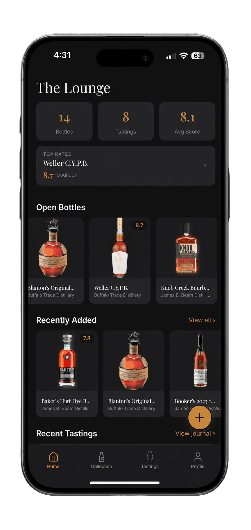 Stillory whiskey collection screen showing bottle list and tasting stats